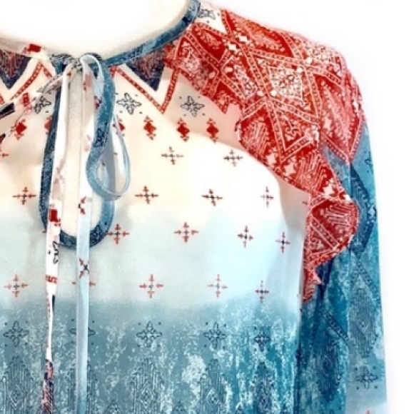 BCBGMaxAzria size S orange blue & ivory BOHO tie front long puffed sleeve blouse - Picture 6 of 15